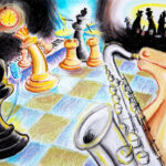 dibujo de figuras de ajedrez tocando instrumentos musicales