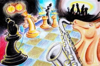 dibujo de figuras de ajedrez tocando instrumentos musicales