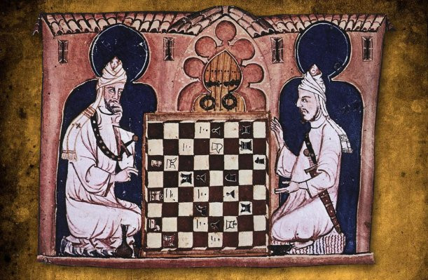 Dibujo de dos hombres musulmanes jugando al ajedrez
